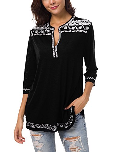 Urban GoCo Mujer Camisas Manga 3/4 Boho Blusa Bordado T-Shirt Tops (X-Large, Negro)