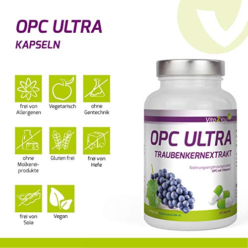 Vita2You OPC Ultra Extracto de semilla de uva 600mg por cápsula - con vitamina C de Acerola - 120 cápsulas - Dosificación alta - Paquete de 4 meses - Calidad Premium