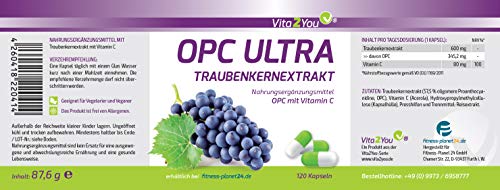 Vita2You OPC Ultra Extracto de semilla de uva 600mg por cápsula - con vitamina C de Acerola - 120 cápsulas - Dosificación alta - Paquete de 4 meses - Calidad Premium