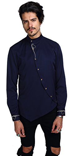 WHATLEES Mens Largo Manga Extra Larga Bordado Dise?o Partido Club BOT¨®n Abajo Vestido Camisa B404-Navy-M