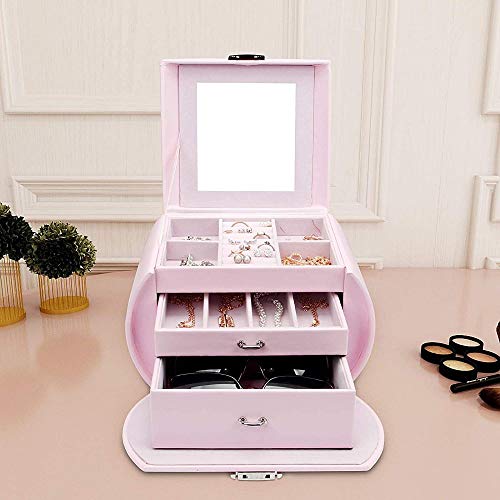 XINWANG Caja Adornos Organizador Adornos Cerradura para Niñas Cajones Espejo Almacenamiento Exhibición Pequeña Anillos Pulseras Pendientes Regalos Mujeres,Pink-OneSize