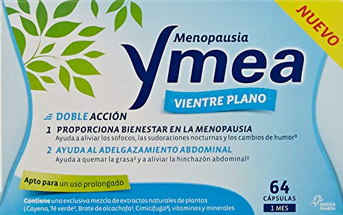 Ymea Menopausia Vientre Plano Ayuda a Aliviar los Sofocos, las Sudoraciones y al Adelgazaminto Abdominal Tratamiento 1 Mes ,64 Cápsulas Blancas