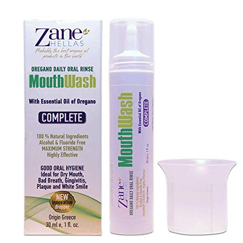 Zane Hellas MouthWash. Enjuague bucal con aceite de orégano. Ideal para la gingivitis, la placa, la boca seca y el mal aliento. Libre de alcohol y flúor. Solución 100% Herbal. 1fl.oz - 30 ml