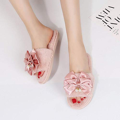 Zapatillas Para Mujer Algodón Slippers,Otoño Invierno Cálido Vintage Simple Y Pequeña Rosa Perfumados Bow Rhinestone Cómoda Apertura Interior De Felpa Antideslizante Inferior Grueso Silencio Inferior