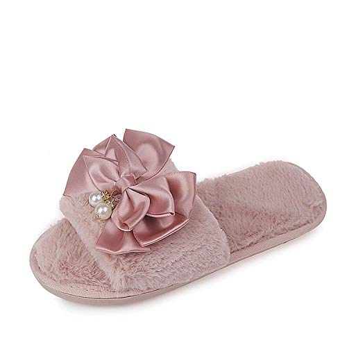 Zapatillas Para Mujer Algodón Slippers,Otoño Invierno Cálido Vintage Simple Y Pequeña Rosa Perfumados Bow Rhinestone Cómoda Apertura Interior De Felpa Antideslizante Inferior Grueso Silencio Inferior