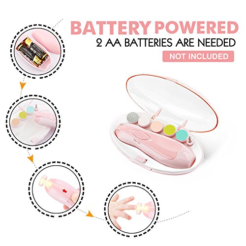 Zooawa kit de cortaúñas para bebés mamás, Juego de manicura para los dedos y pies de bebés y adultos, eléctrico cortador de uñas, con luz LED, Batería AA - Rosado