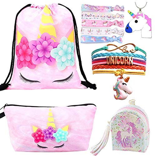 10 Paquete Lindo Unicornio Mochila con cordón/Maquillaje/PU Monedero Bolsos de Embrague/Collar de Cadena de aleación/Unicornios para el Cabello para niñas (Style 3)