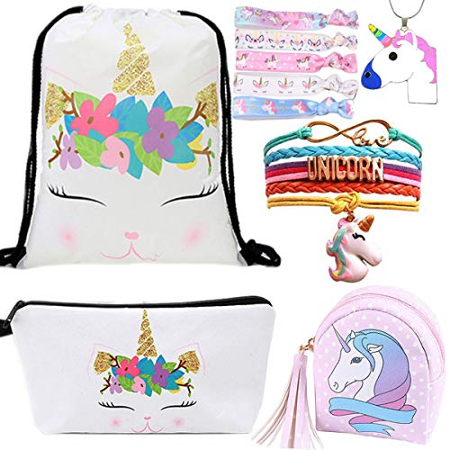 10 Paquete Lindo Unicornio Mochila con cordón/Maquillaje/PU Monedero Bolsos de Embrague/Collar de Cadena de aleación/Unicornios para el Cabello para niñas (Style 5)