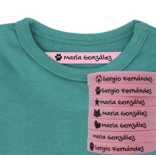 100 Etiquetas Termoadhesivas Personalizadas con Icono para marcar la ropa. (Rosa)