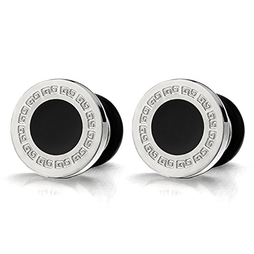 10MM Modelo Dominante Griego 10MM Círculo Pendientes para Hombres, Acero Inoxidable con Esmalte Negro, 2 Piezas