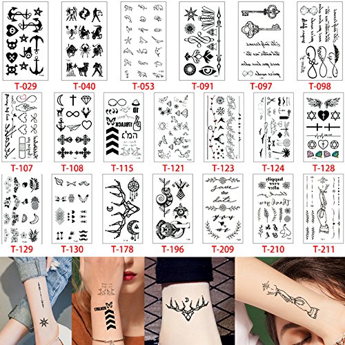 20 hojas de pequeños tatuaje temporales negros, adhesivos para el cuerpo, manos, cuello o muñeca.