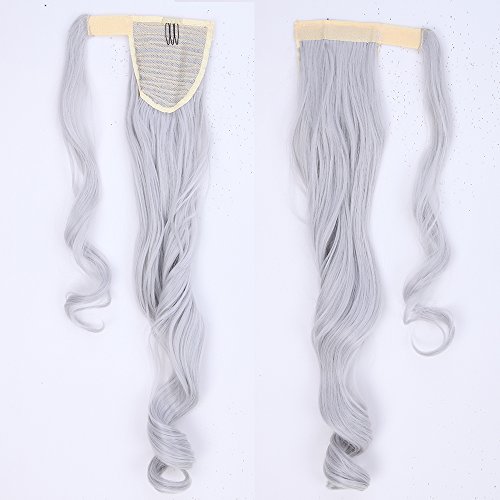 24"(60cm) Coleta Postiza de Pelo Sintético Rizado con Clips Extensiones de Cabello Invisible y Natural Ponytail Hair Extension (100g,Gris Plateado)