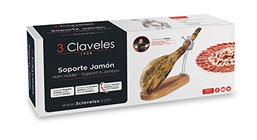 3 Claveles - Soporte Jamonero Plegable, Giratorio 2 Posiciones, Madera y Acero Inoxidable - (47x18.5 cm)