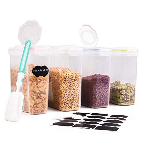 4 Piezas Grande Recipientes de Cereales, 4L - Incluye Etiquetas, Marcador y Cepillo para Limpieza - Almacenamiento de Alimentos de Plástico con Tapa para Cereales Harina Café Arroz Azúcar| Sin BPA.