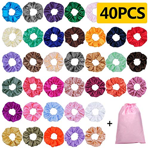 40 Piezas Scrunchies de Satén para Cabello, Glossy Hair Scrunchies Lazos Elásticos de Satén para el Cabello Ponytail Holder Headbands para Mujeres y Niñas, 40 Colores