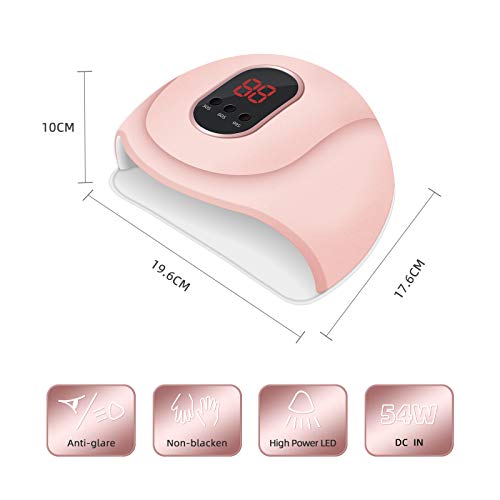 54W Lámpara Secadora de Uñas,LED/UV para Esmalte Uñas de Gel,3 modos para tiempo con Pantalla LCD para Manicura/Pedicure Nail Art en el Hogar y el Salón(Rosado)