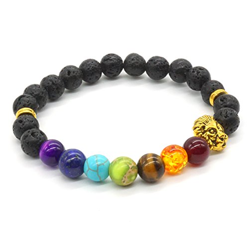 7 Chakras Healing Stone Ajustable Yoga Stretch Pulsera con Aureate Lion Head- Healing Oil Difusor Pulsera