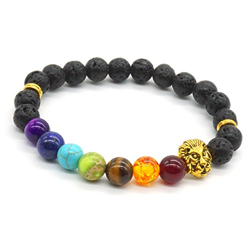 7 Chakras Healing Stone Ajustable Yoga Stretch Pulsera con Aureate Lion Head- Healing Oil Difusor Pulsera