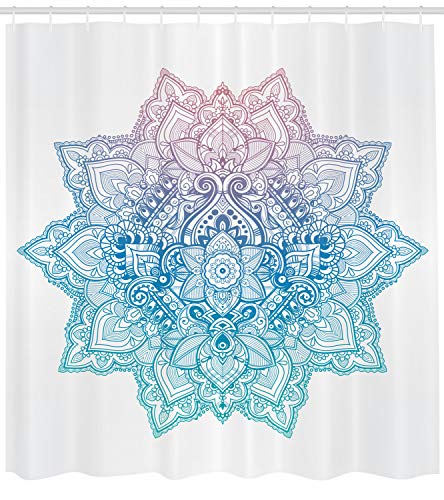 ABAKUHAUS Loto Cortina de Baño, Mandala Zen en Tonos Pastel Estilo Tatoo Bohemio Flor de Loto Abstracta Diseño, Estampa Moderna sobre Tela Resistente al Agua Fácil Limpieza, 175 x 200 cm, Azul Claro