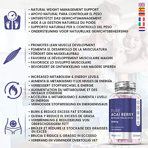 Acai Berry Cápsulas Dosis Alta 2600mg 120 Cápsulas - Suplemento Para Adelgazar, Potente Diurético Antioxidante, Mejora Sistema Inmunólogico, Fuente de Vitamina C y Omega 6 y 9, Controla Colesterol