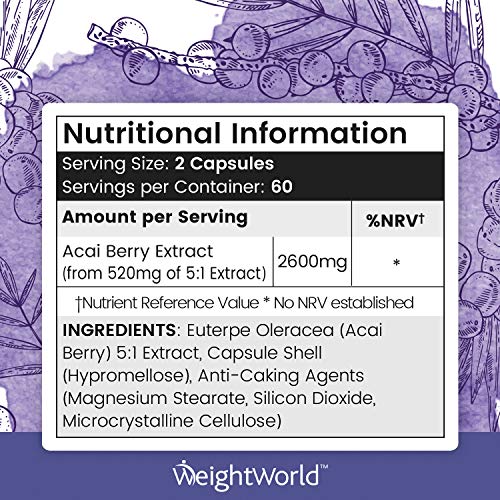 Acai Berry Cápsulas Dosis Alta 2600mg 120 Cápsulas - Suplemento Para Adelgazar, Potente Diurético Antioxidante, Mejora Sistema Inmunólogico, Fuente de Vitamina C y Omega 6 y 9, Controla Colesterol