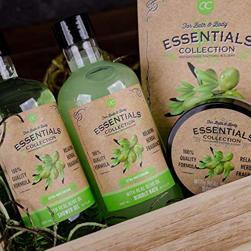 Accentra OLIVE - Set de regalo con cesta de madera para baño, spa y ducha con aroma de oliva, 6 piezas en cesta decorativa de madera, el mejor regalo para cumpleaños, San Valentín