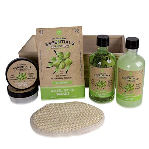 Accentra OLIVE - Set de regalo con cesta de madera para baño, spa y ducha con aroma de oliva, 6 piezas en cesta decorativa de madera, el mejor regalo para cumpleaños, San Valentín