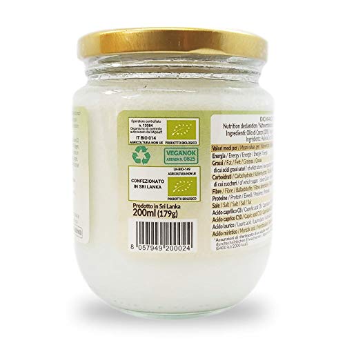 Aceite de Coco Ecológico Extra Virgen 200 ml. Crudo y prensado en frío. 100% Orgánico, Puro y Natural. Aceite bio nativo no refinado. País de origen Sri Lanka. NaturaleBio