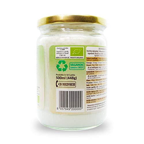 Aceite de Coco Ecológico Extra Virgen 500 ml. Crudo y prensado en frío. 100% Orgánico, Puro y Natural. Aceite bio nativo no refinado. País de origen Sri Lanka. NaturaleBio