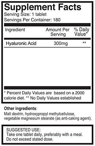 Ácido Hialurónico 300mg x 180 comprimidos (suministro de 3-6 meses). Ácido Hialurónico Triple Potencia. 300% más potente que cualquier otro comprimido de AHL