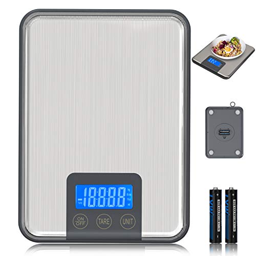 ADORIC 15kg/33lbs,Báscula de Cocina 15kg con Pantalla LCD para Cocina de Acero Inoxidable, Balanza de Alimentos Multifuncional,Color Plata(2 Baterías Incluidas)