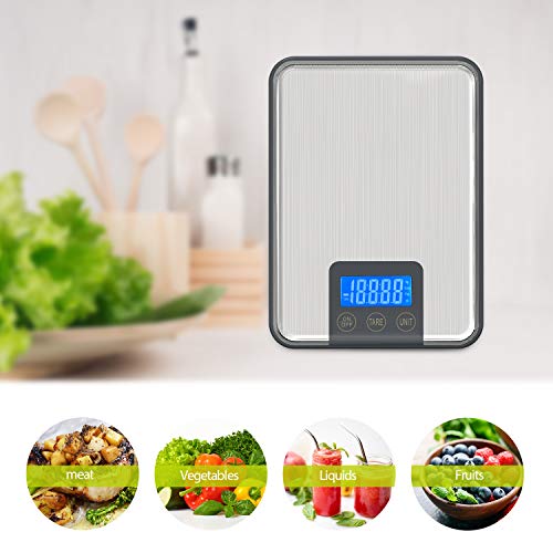 ADORIC 15kg/33lbs,Báscula de Cocina 15kg con Pantalla LCD para Cocina de Acero Inoxidable, Balanza de Alimentos Multifuncional,Color Plata(2 Baterías Incluidas)