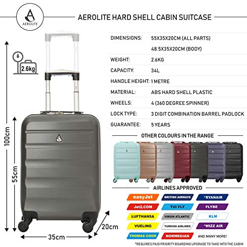 Aerolite ABS Juego de Equipaje Maleta rígida Ligera con 4 Ruedas, Gris Oscuro