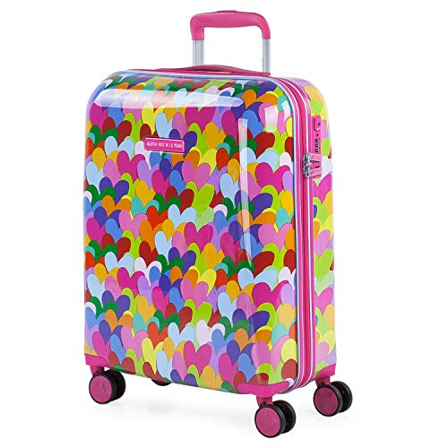 AGATHA RUIZ DE LA PRADA - Maleta Cabina Pequeña de Mano. Trolley 4 Ruedas 55x40x20 cm de Policarbonato Estampado con Corazones. Equipaje de Mano. Rígida Cómoda y Ligera. Diseño Original, Color Fucsia