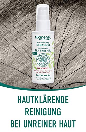 alkmene gel limpiador de aceite de árbol de té para piel impura - anti espinillas, impurezas de la piel y gel limpiador de rojeces - cuidado facial vegano (1x 150 ml)