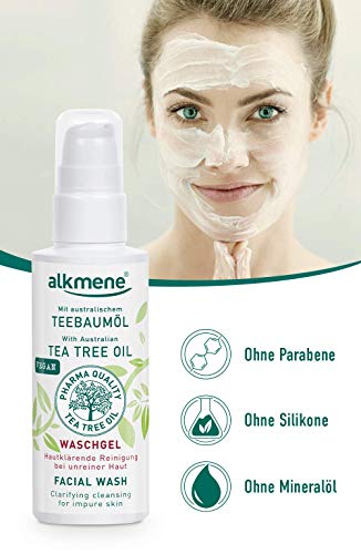 alkmene gel limpiador de aceite de árbol de té para piel impura - anti espinillas, impurezas de la piel y gel limpiador de rojeces - cuidado facial vegano en paquete de 3 (3x 150 ml)