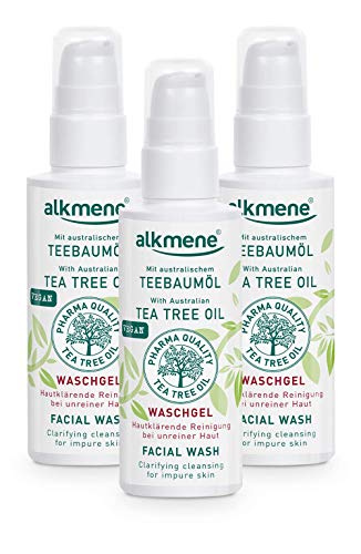 alkmene gel limpiador de aceite de árbol de té para piel impura - anti espinillas, impurezas de la piel y gel limpiador de rojeces - cuidado facial vegano en paquete de 3 (3x 150 ml)