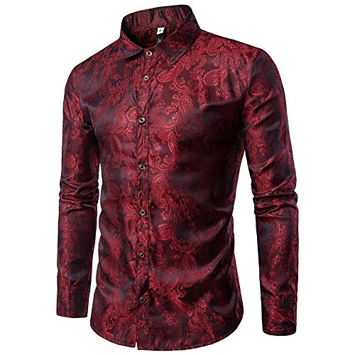 Allthemen - Camisa de cachemira para hombre, de seda jacquard, camisas de vestir de manga larga, cuello con botones y camisas de esmoquin casuales Rojo rojo vino L