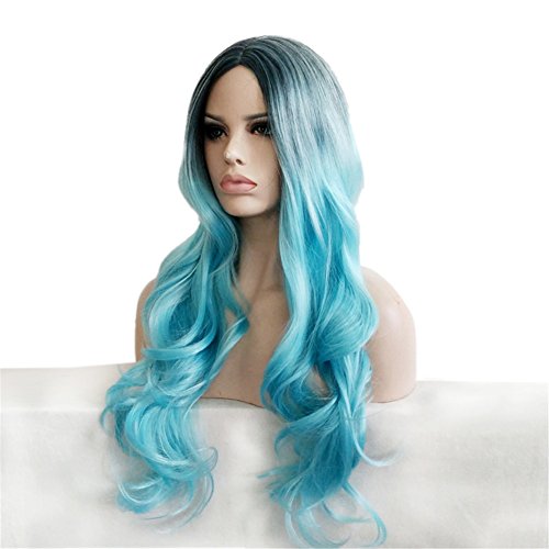 Alta calidad pelo artificial pelo largo Ombre gewellte peluca Cosplay Disfraces Peluca carnaval Negro A Azul