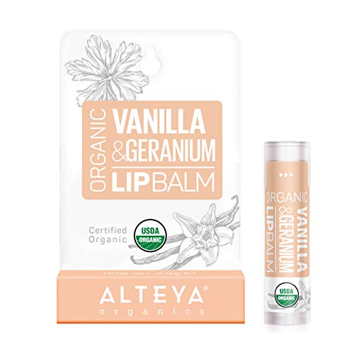 Alteya Organic Bálsamo Labial de Vainilla y Geranio 5 gr – USDA Certificado Orgánico Puro Bio Producto Natural para Cuidado Labial Basado en Aceites Esenciales Hidratantes y Mantequillas Nutritivas