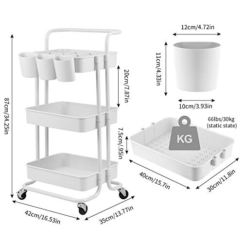 alvorog Carrito de Cocina de 3 Niveles con Ruedas, Carro de Almacenaje con Asa, Carrito Auxiliar Multifuncional para Baño, Cocina, Oficina, Salón & SPA - Blanco