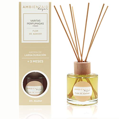 Ambientair Hogar. Difusor de varillas perfumadas. Ambientador Mikado Azahar. Difusor 100 ml con palitos de ratán. Ambientador sin alcohol para casa.