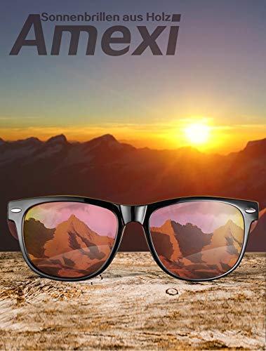 AMEXI Gafas de Sol Polarizadas Hombre y Mujere, UV400 Protection, Gafas Ligeras con Patillas de Madera (Naranja)