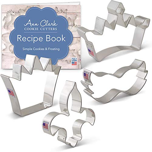 Ann Clark Cookie Cutters Juego de 4 cortadores de galletas Mardi Gras y Nueva Orleans con libro de recetas, corona de rey, corona de princesa, máscara y flor de lis