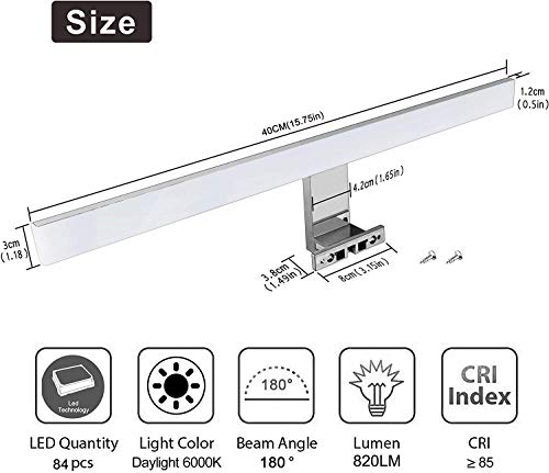 Aogled Lámpara de Espejo Baño 40 cm 10W 820LM 230V Blanco Frío 6000K,Acero inoxidable IP44 Clase II Lámpara de espejo de baño delgada,Abrazadera en el Espejo/Gabinete/Iluminación de Pared 400 mm