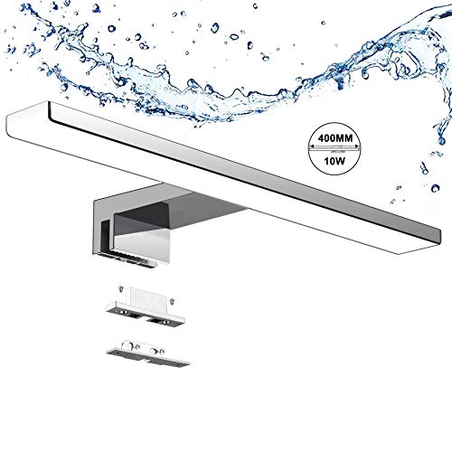 Aogled Lámpara de Espejo Led Luz Baño 10W 820LM 40cm 230V 4000K,Lámpara de Acero Inoxidable 3 en 1 IP44 Clase II,Diseño Delgado,Espejo Frente/Gabinete/Iluminación de Pared Neutro Blanco 400mm