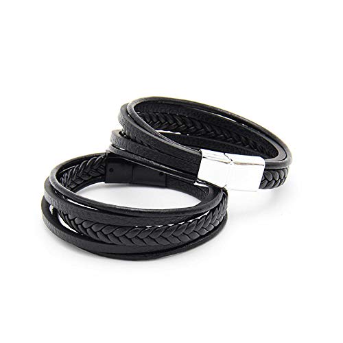 AQGELSL Joyas para Hombres Pulsera de Cuero con Hebilla magnética de aleación de Estilo de fama Multicapa Hecha a Mano @ Negro