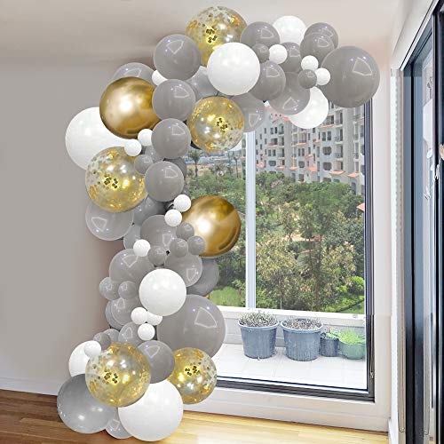 Arco de Globos Dorados Blancos Grises SKYIOL Kit Guirnaldas 100 Helio Confeti Metalizados Látex Globos con 5m Arco Puntos Adhesivos para Niña Cumpleaños Boda Comunion Baby Shower Fiesta Decoración