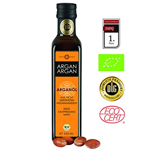 ArganArgan Aceite de argán ecológico, sin tostar, 250 ml, prensado en frío, premiado con el DLG-Gold, vegano, antienvejecimiento, también para la piel, la cara, el pelo