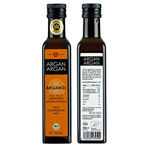 ArganArgan Aceite de argán ecológico, sin tostar, 250 ml, prensado en frío, premiado con el DLG-Gold, vegano, antienvejecimiento, también para la piel, la cara, el pelo